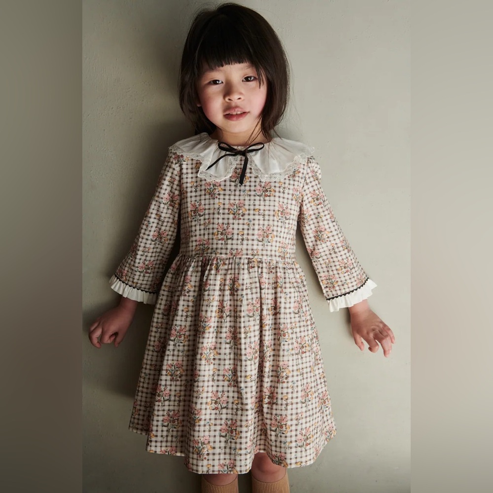 LA COQUETA Eliza Gingham Floral Velvet Buttons Dress